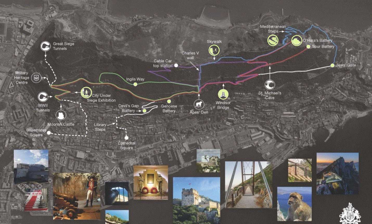 Mapa con sendero y actividades de la Reserva Natural de Gibraltar.