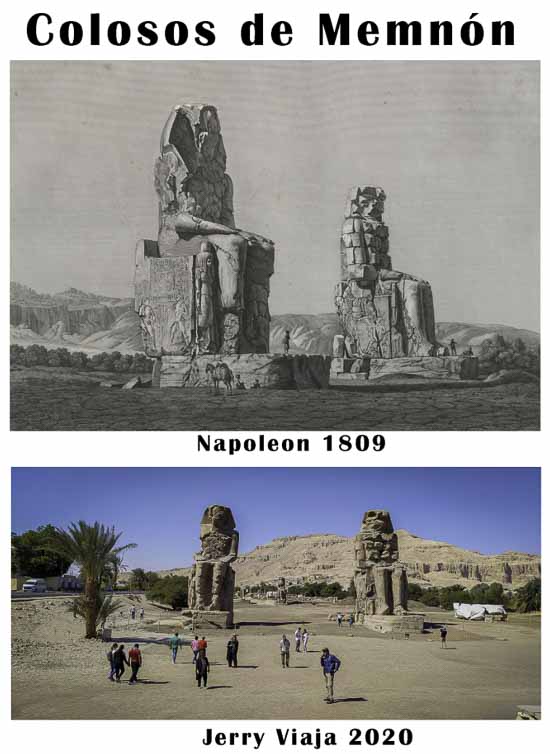 Comparacion de los colosos de Memnon en Aswan, Egipto 2020 vs 1809