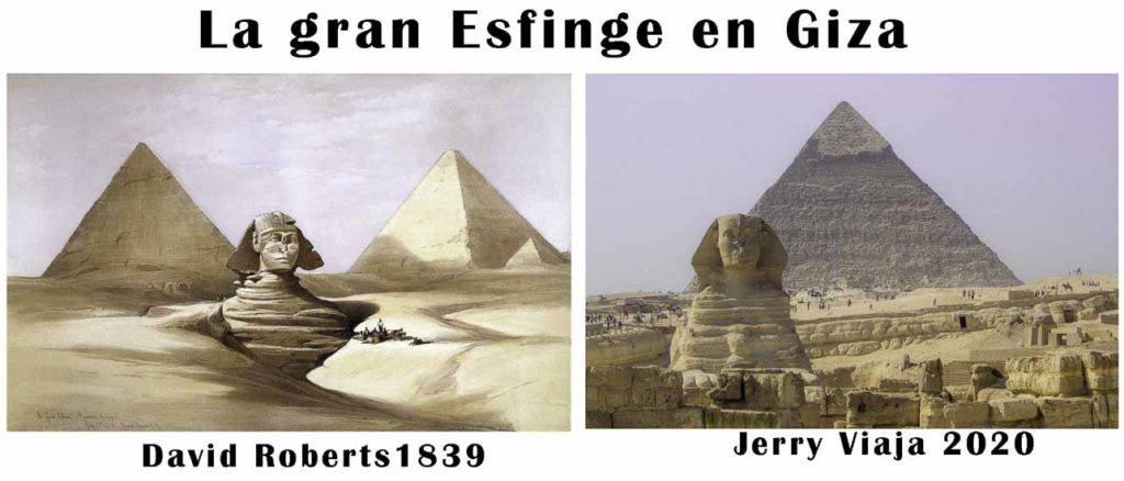 Comparacion de la esfinge en Giza en Egipto 2020 vs 1839