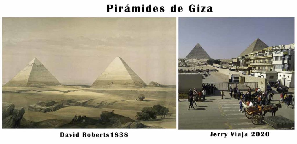 Comparacion de las piramides en Giza, Cairo, en Egipto 2020 vs 1838