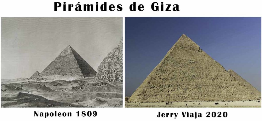 Comparacion de las piramides en Giza, Cairo, en Egipto 2020 vs 1809