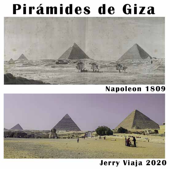 Comparacion de las piramides en Giza, Cairo, en Egipto 2020 vs 1809
