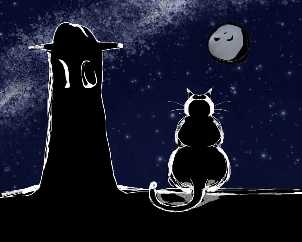 Gato observando la luna sobre un techoen la alpujarra granadina alpujarreño