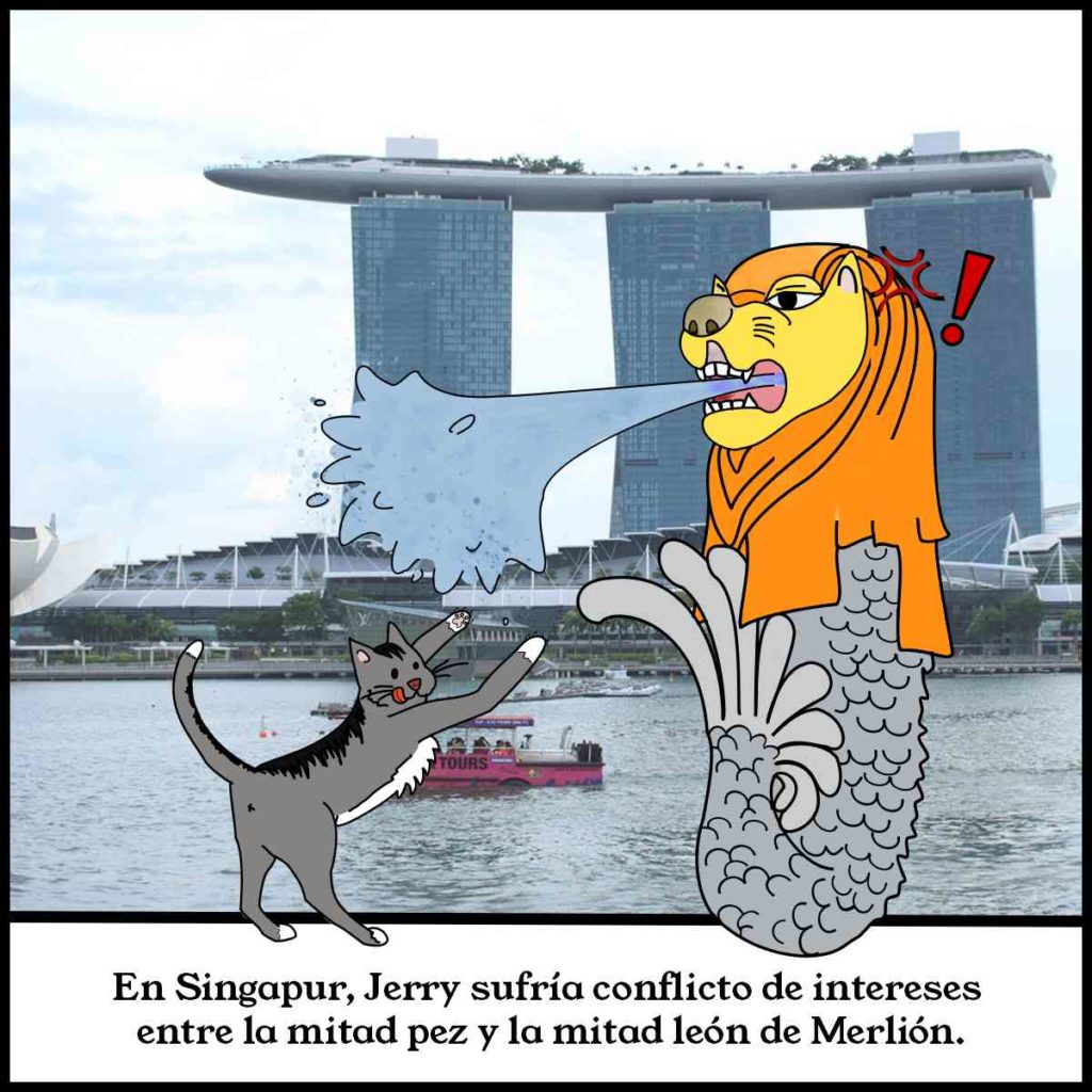 El gato Jerry en Singapur con el pez-león Merlion