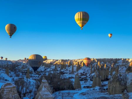 Aerostatic balloon flying over Cappadocia Turkey