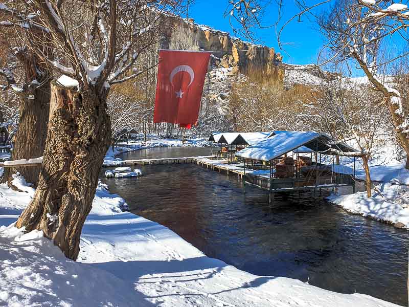 Cafe, Turkish flag Ihlara Valley Turkey, Cappadocia
