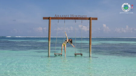 Dhifushi araamu beach water hammock. Maldives Islands