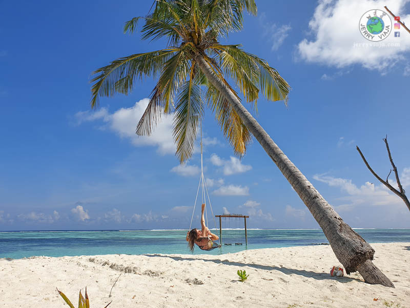 Dhifushi araamu beach coconut palm hammock. Maldives Islands