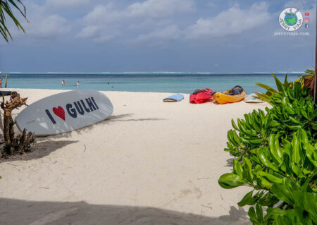 Gulhi surf sign at bikini beack. Maldives Islands